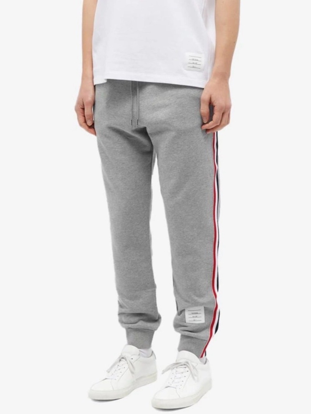 Thom Browne Gray Joggers with Red and Navy Side Stripes